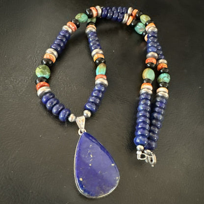 Lapis Turquoise Spiny Necklace Southwestern Sterling Silver Pendant 22” 19470