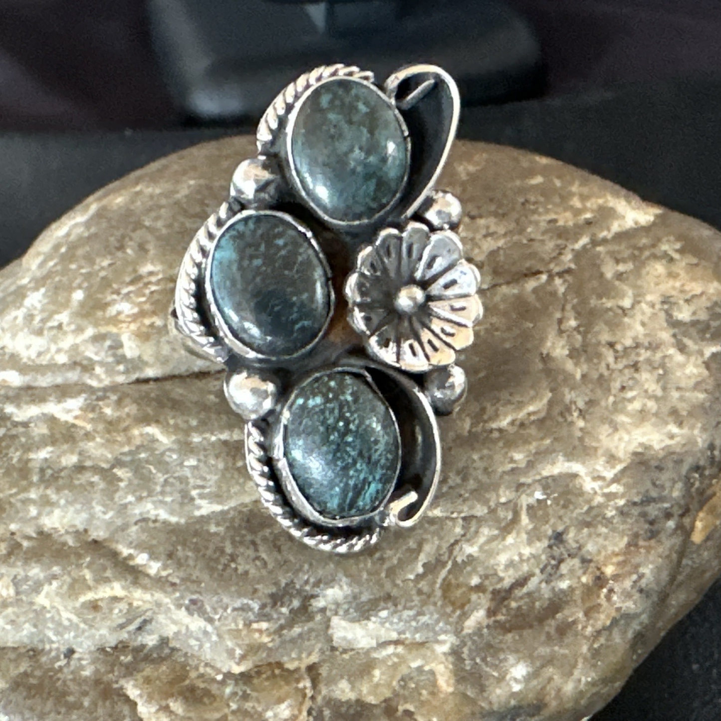 Yazzie Ring Blue Turquoise Navajo Sterling Silver Cluster Size 9.5 19241