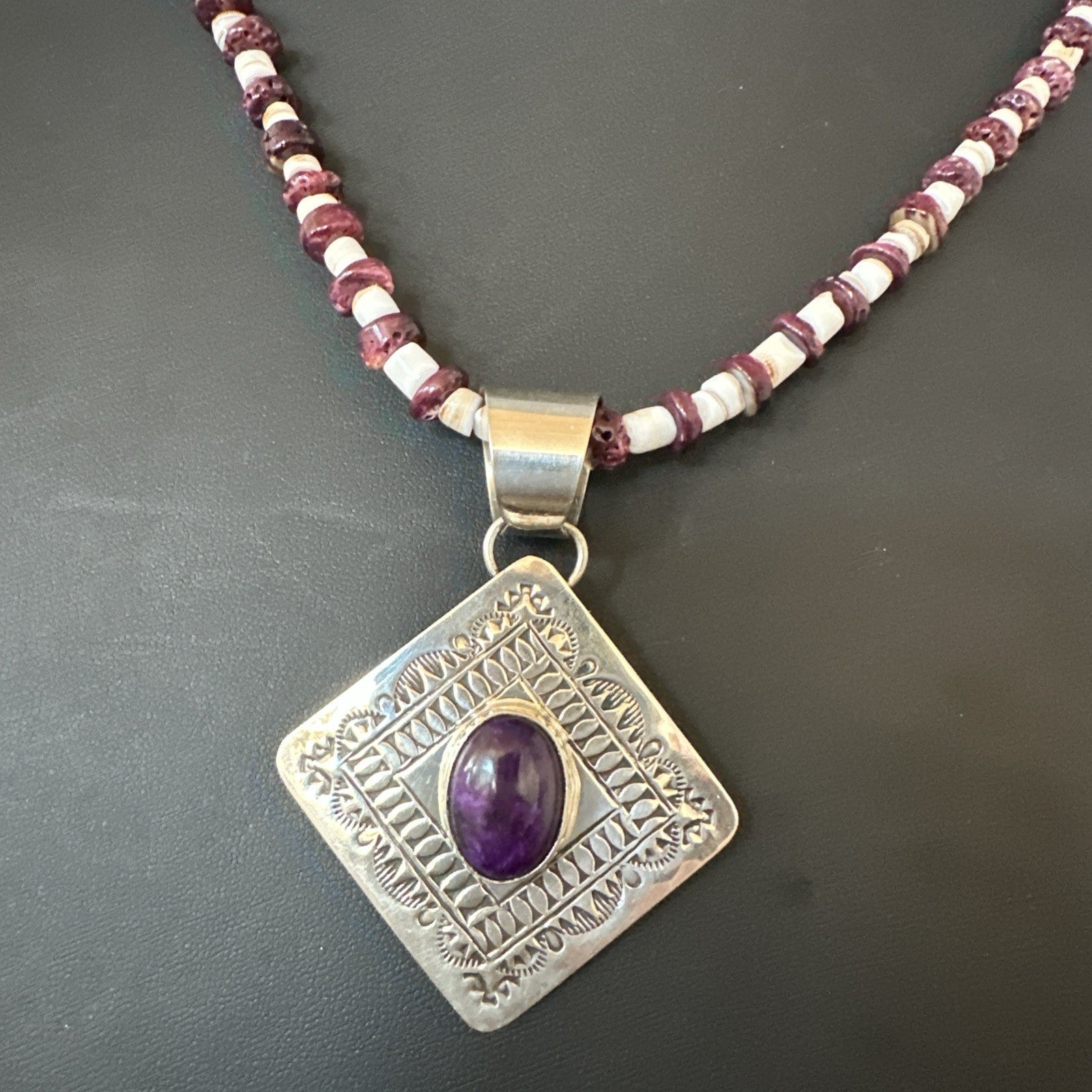 H Joe Purple Spiny Oyster Pendant Shell Sterling Silver Necklace 26” 19544