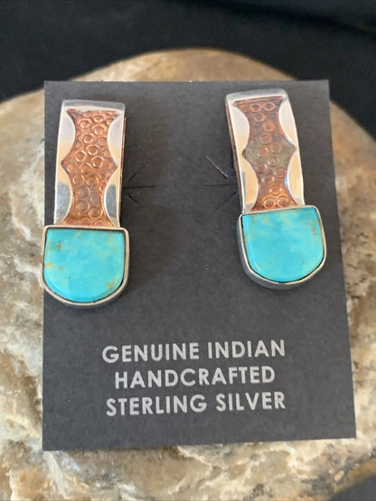 Womens Inlay Earrings Navajo Blue Turquoise Sterling Silver Brass 1" 13106