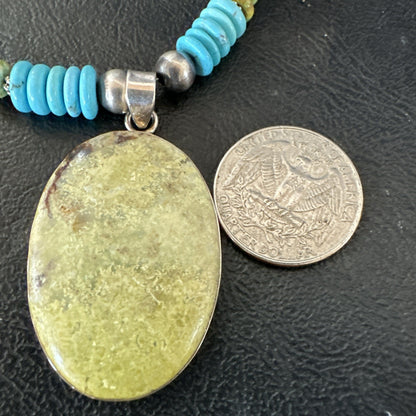 Green Gaspeite Pendant Blue Turquoise Navajo Sterling Silver Necklace 20" 19666
