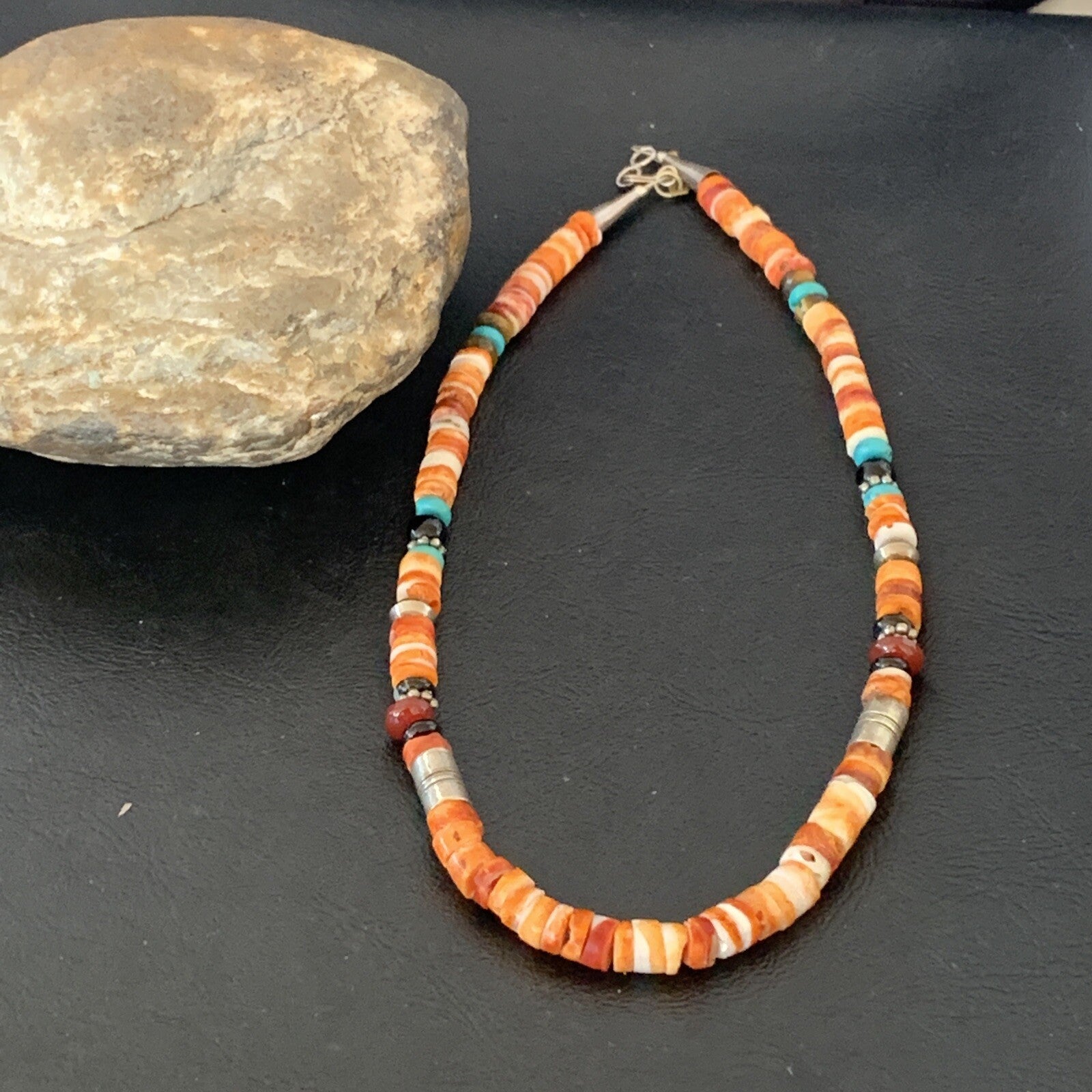 Turquoise Spiny Oyster & Coral Beads Sterling Silver Gold Necklace 10394