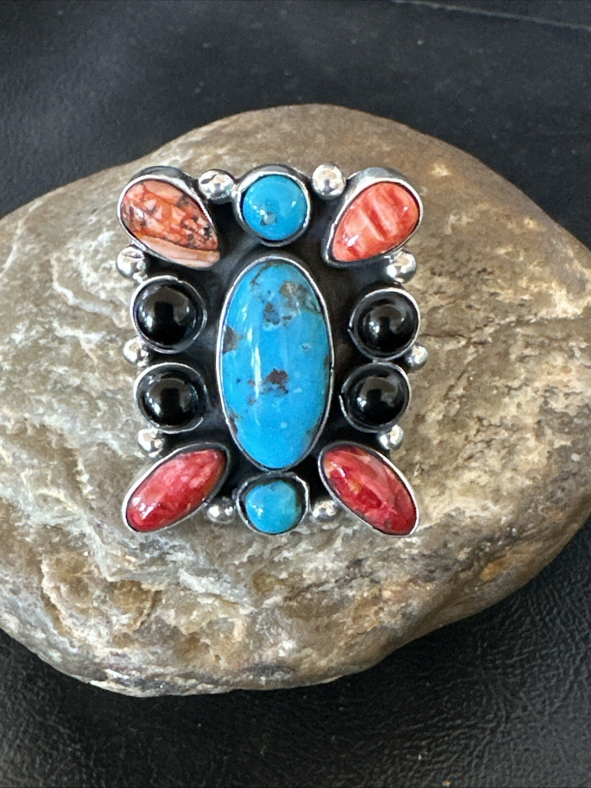 Cluster Blue Turquoise Spiny Oyster Onyx Sterling Silver Ring Size 10 18559