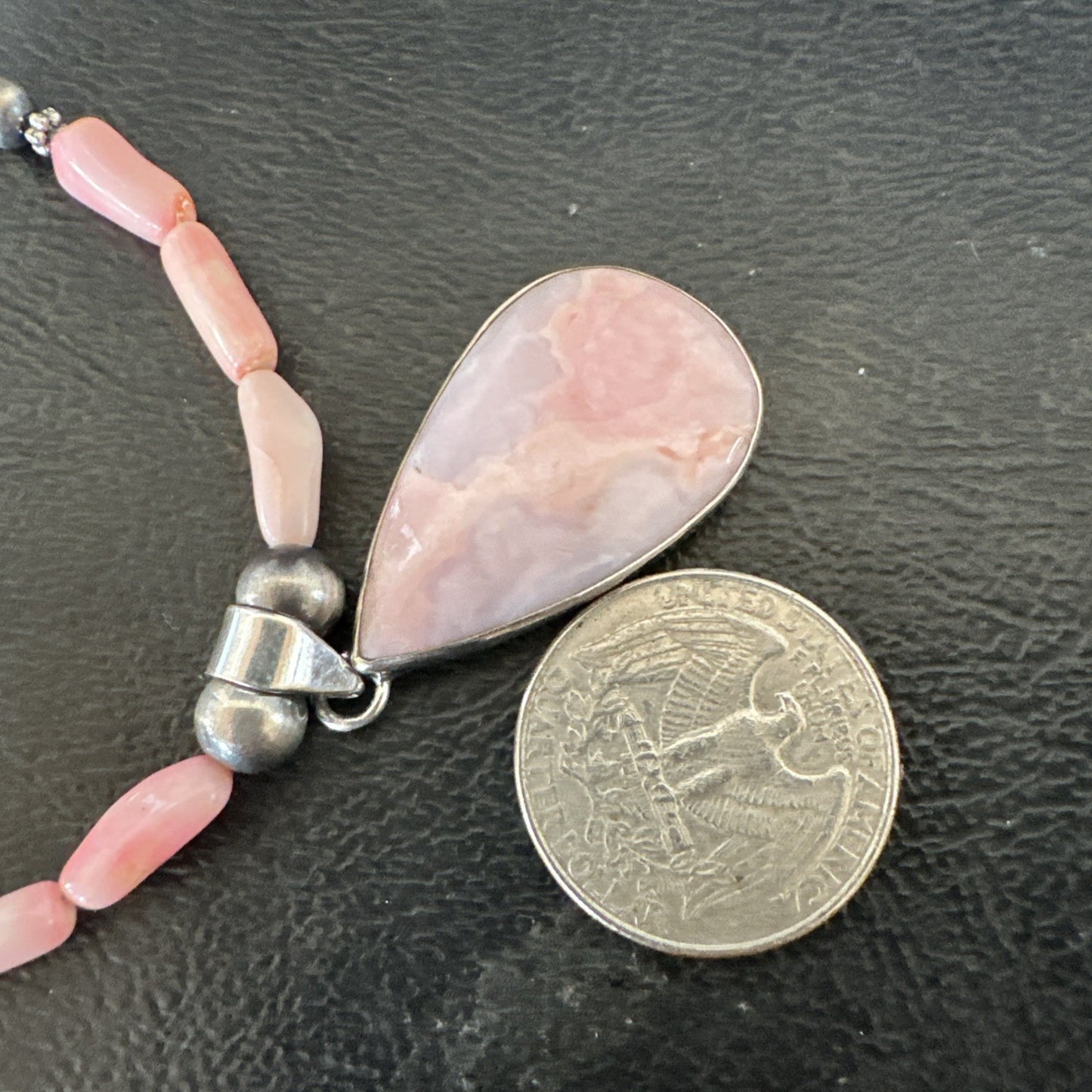 Southwestern Sterling Silver Pink Coral Bead Necklace Quartz Pendant 24" 19587