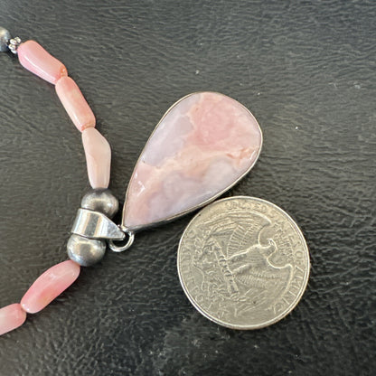 Southwestern Sterling Silver Pink Coral Bead Necklace Quartz Pendant 24" 19587