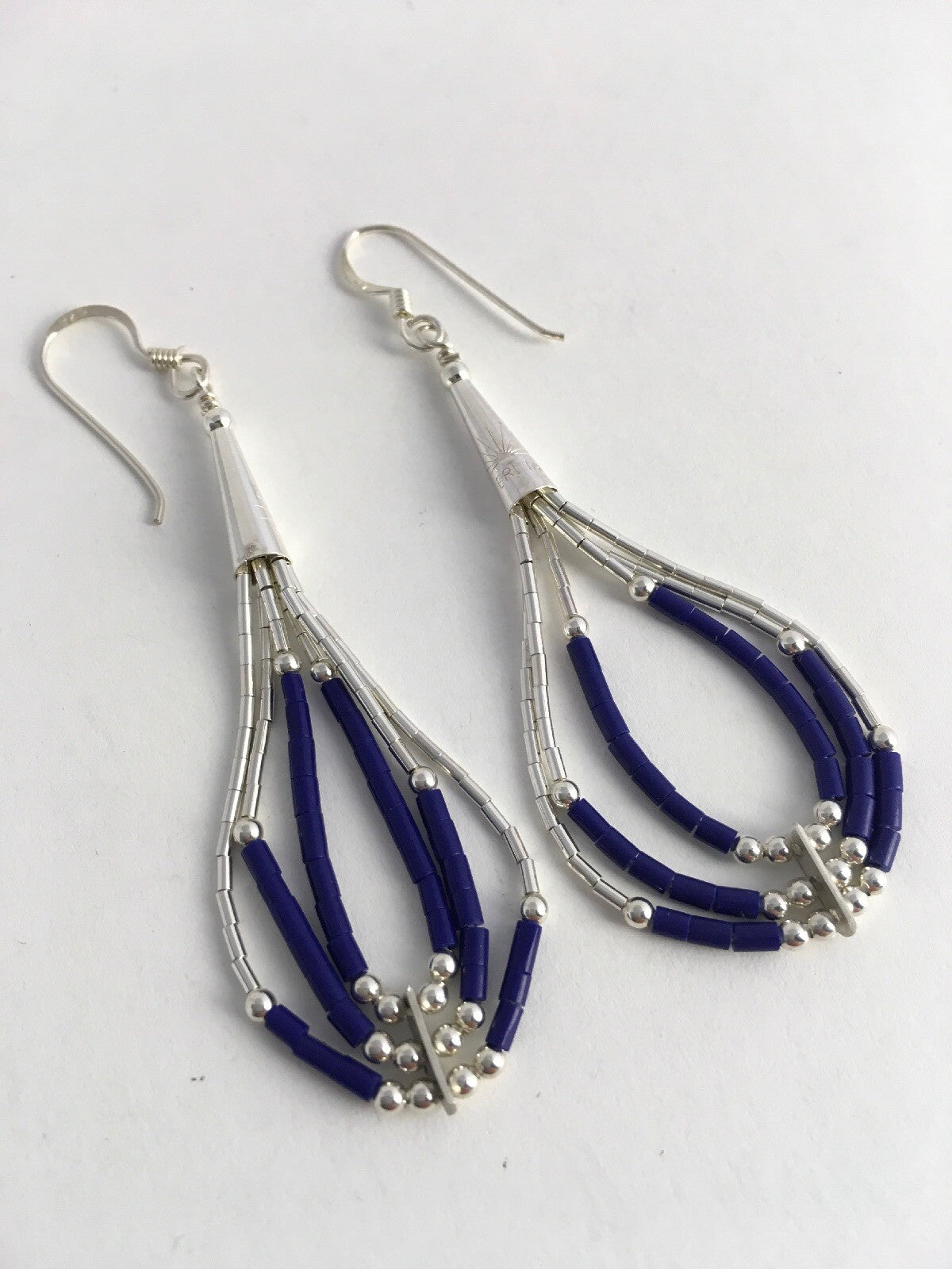 Lapis Lazuli Heishi Tube Liquid Sterling Silver Dangle Earrings 2" 08876