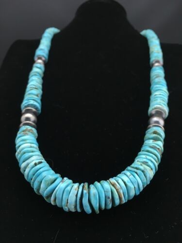 Navajo Sterling Silver Blue Turquoise Graduated Necklace 32" 1338