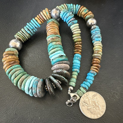 Blue Green Turquoise Navajo Sterling Silver Beads Necklace 20” 19176