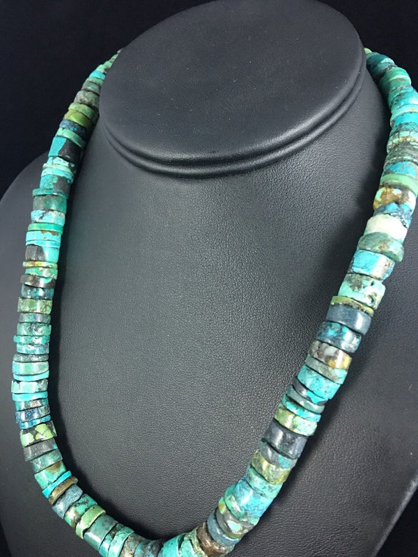 Blue Turquoise Bead 8mm Heishi Navajo Necklace 20" | Sterling Silver | Authentic Native American Handmade | 1135