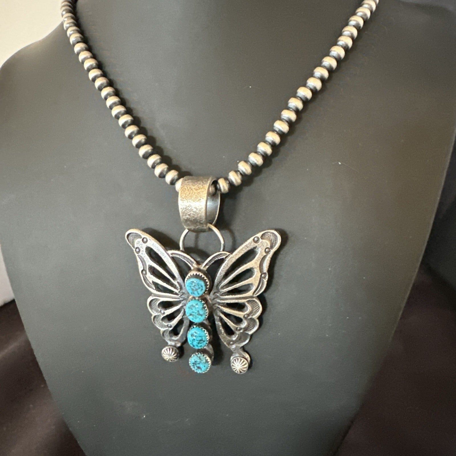 Butterfly Blue Kingman Turquoise Pendant Navajo Sterling Silver Necklace 19296