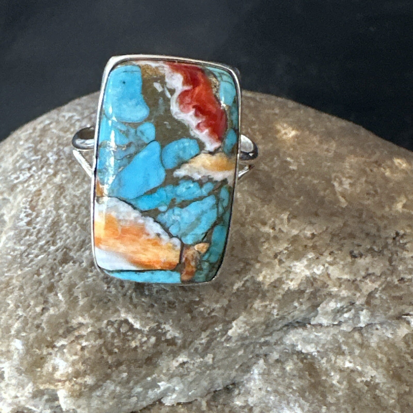 Blue Turquoise Spiny Oyster Southwestern Sterling Silver Ring Size 9 18467