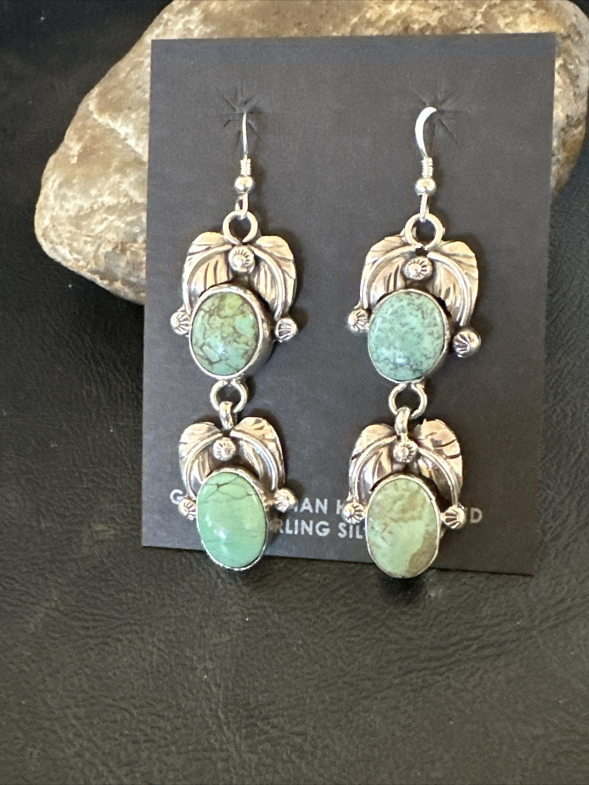 Native Navajo Green Turquoise Sterling Silver Dangle Earrings 2” 17910