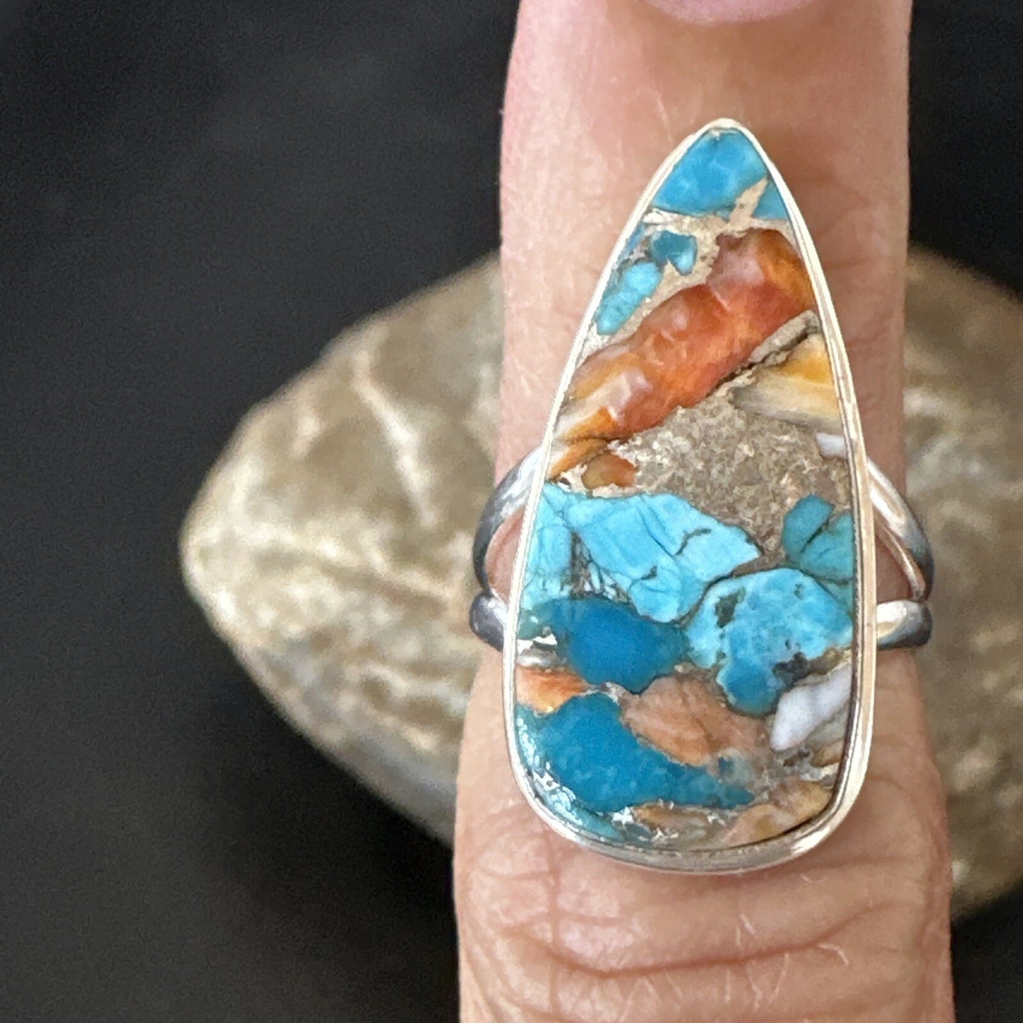 Blue Turquoise Spiny Oyster Southwestern Sterling Silver Ring Size 5 18501