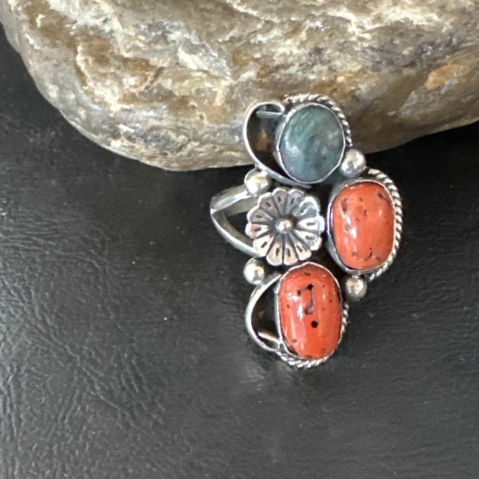 Multicolor Ring Turquoise Coral Spiny Navajo Sterling Silver Cluster 10.5 19195
