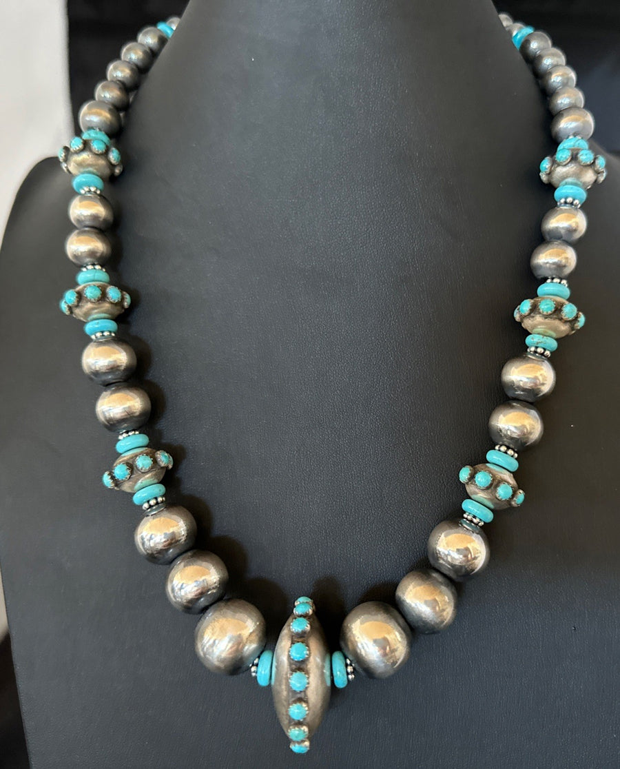 Navajo Pearls Blue Kingman Turquoise Sterling Silver Necklace 23” 19449