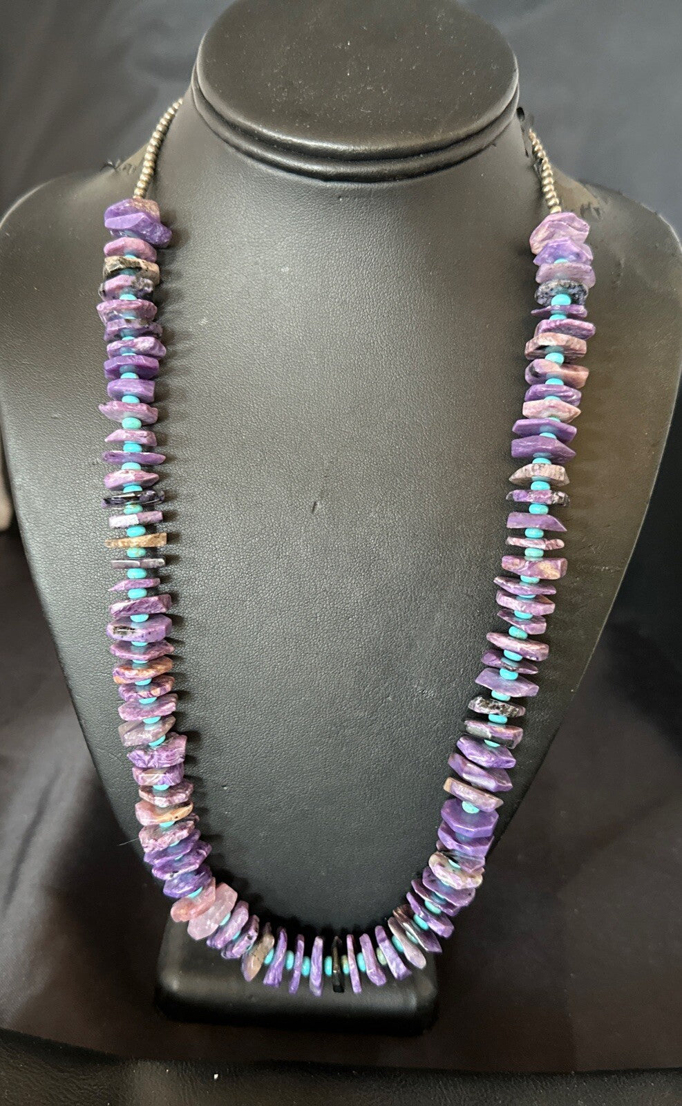 Popular Purple Charoite Blue Turquoise Navajo Sterling Silver Necklace 23” 18053