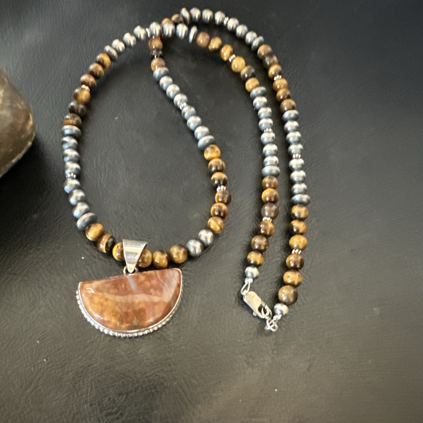 Coffee Tigers Eye Jasper Sterling Silver Pendant Necklace Southwestern 18290