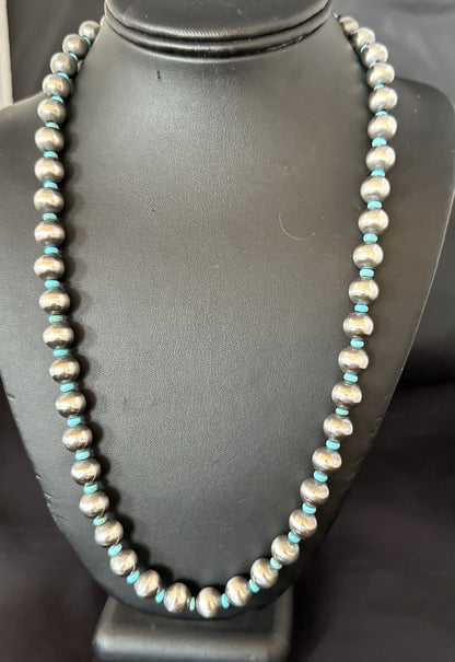 Blue Turquoise 10mm Round Sterling Silver Beads Necklace 24” 92408
