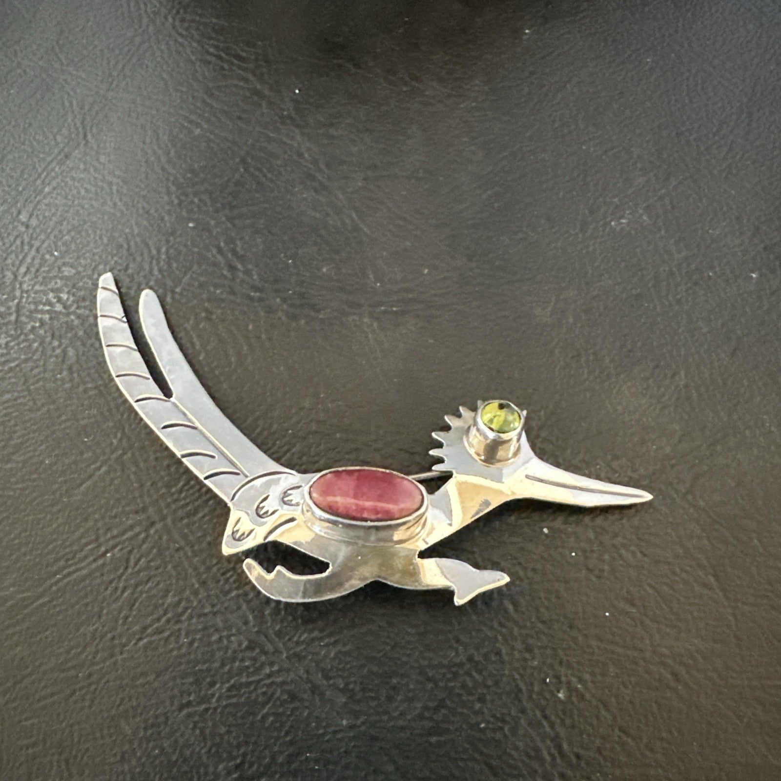 Road Runner Spiny Peridot Navajo Sterling Silver Stamped Pin Brooch 3” 19089