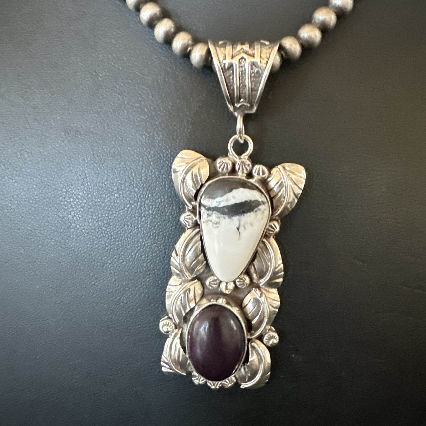 White Buffalo Turquoise  Purple Stone Pendant Navajo Sterling Silver 18036