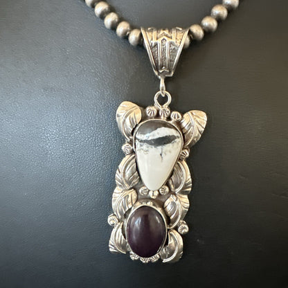 White Buffalo Turquoise  Purple Stone Pendant Navajo Sterling Silver 18036