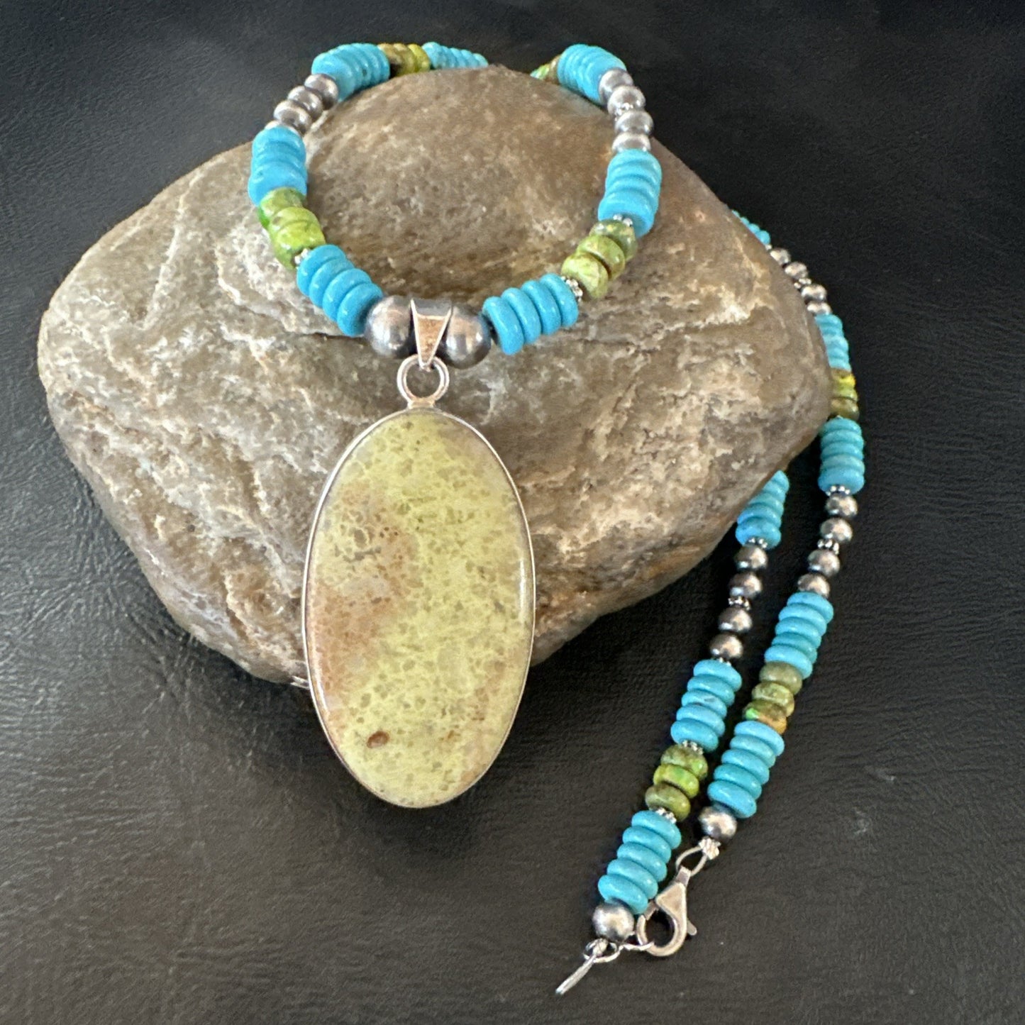 Green Gaspeite Pendant Blue Turquoise Navajo Sterling Silver Necklace 20" 19671