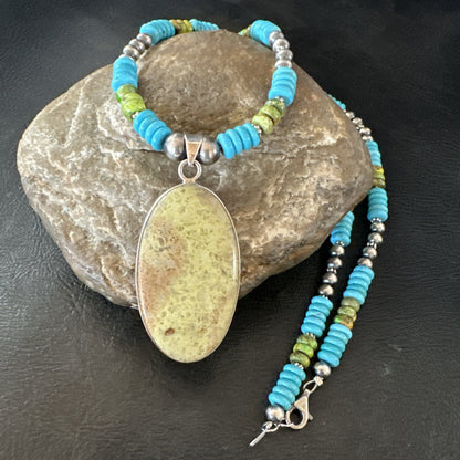 Green Gaspeite Pendant Blue Turquoise Navajo Sterling Silver Necklace 20" 19671