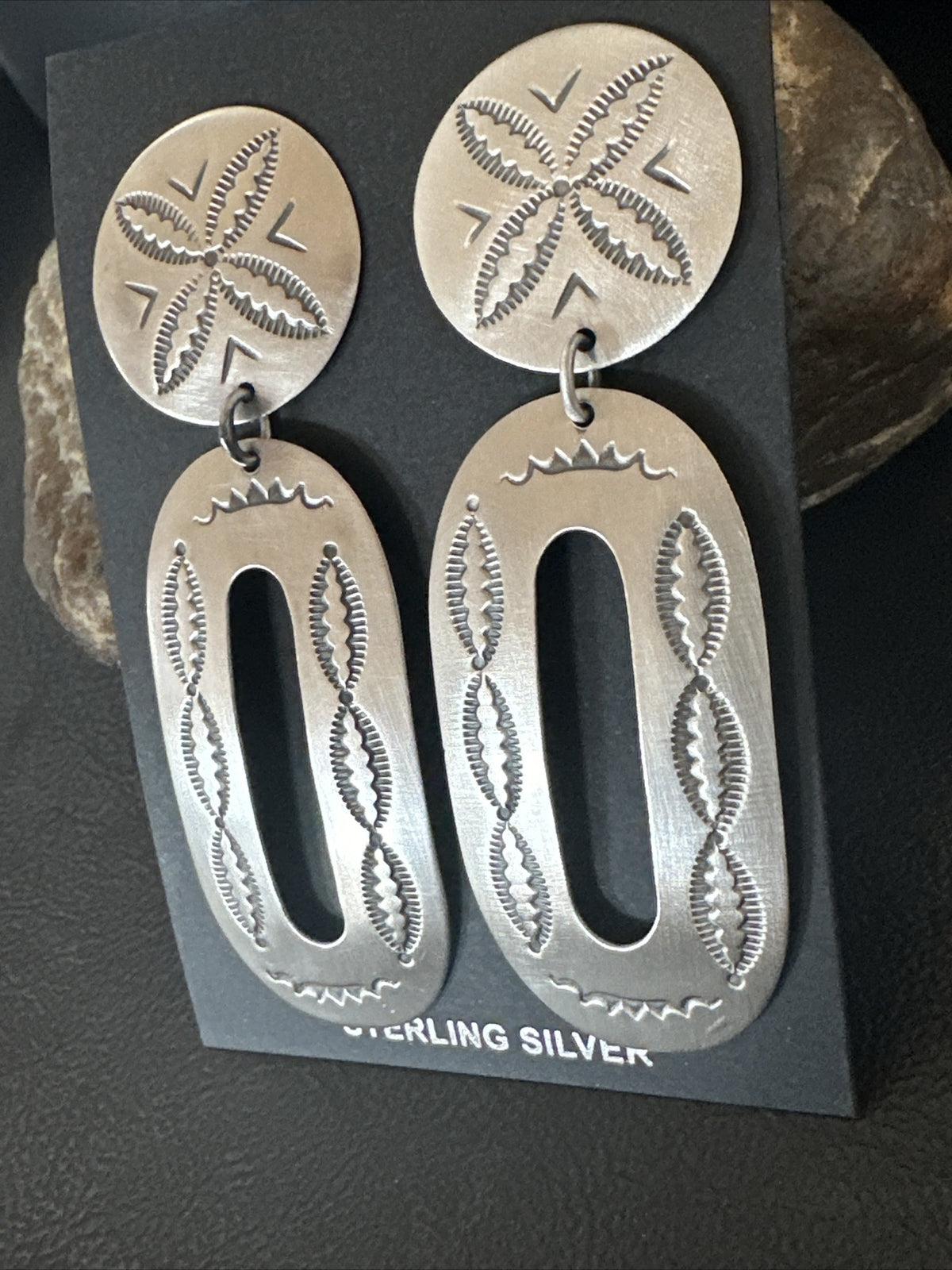 Popular Navajo Stamped Sterling Silver Stamped Handmade Earrings 2.75" 17857