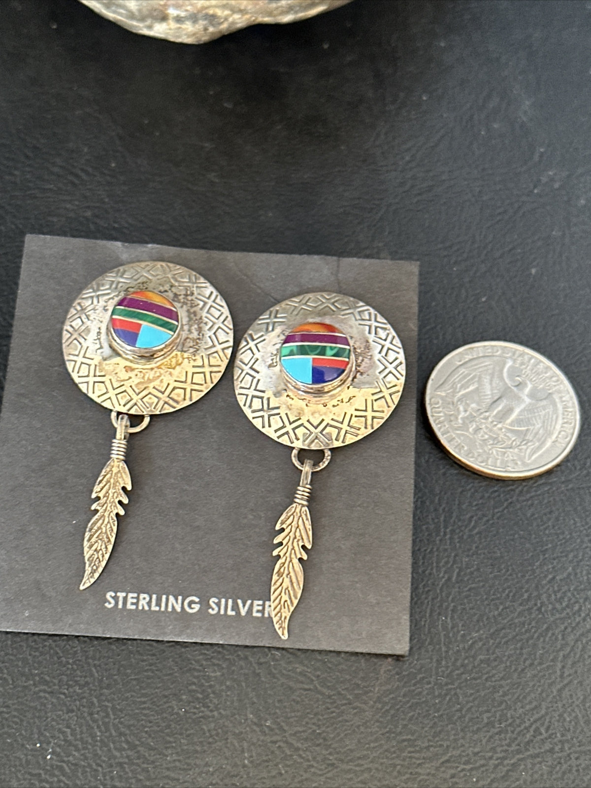 Blue Turquoise & Spiny Oyster Navajo Sterling Silver Inlay Earrings 2” 14762