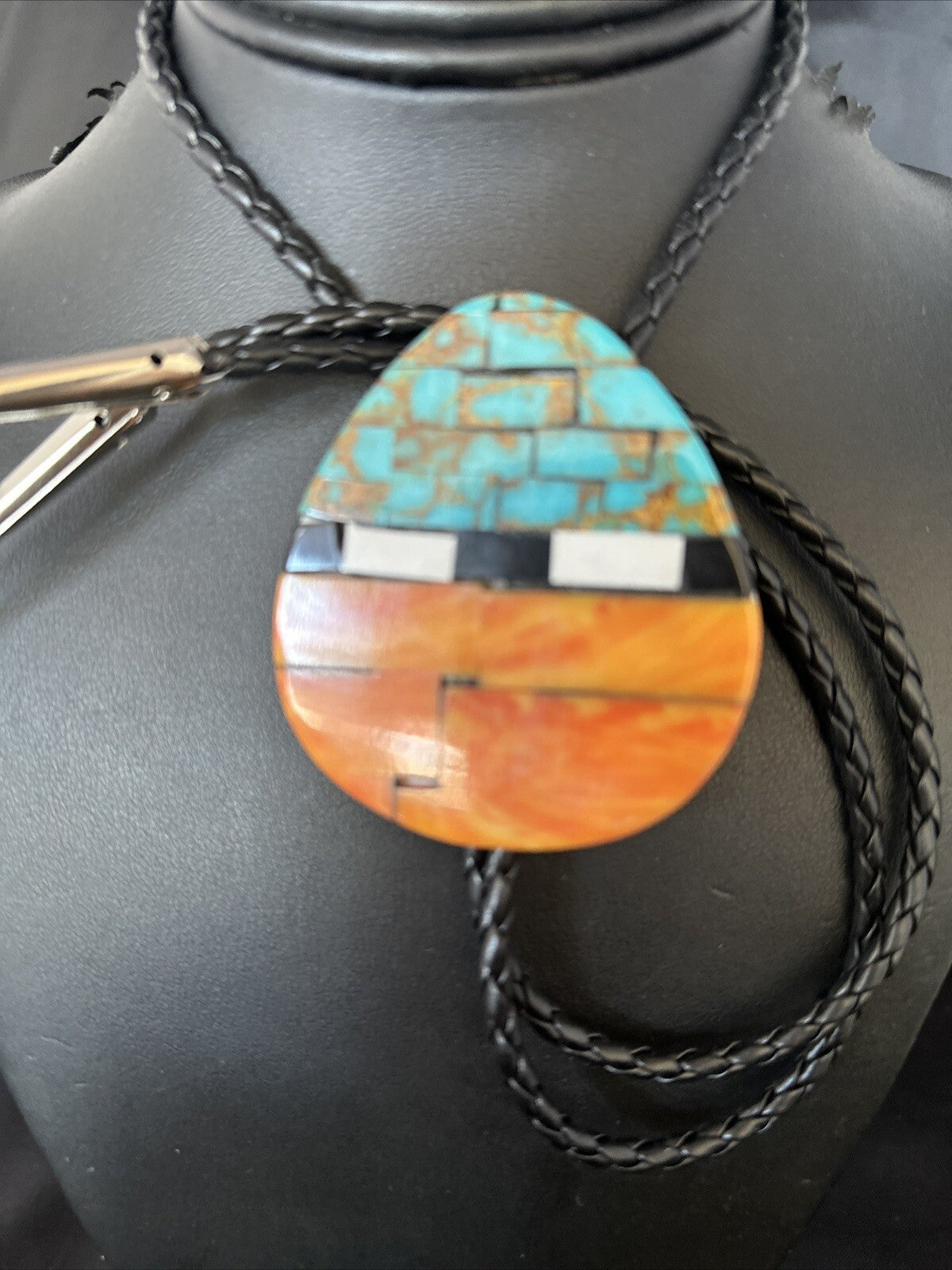 Mens Turquoise Orange Spiny Oyster Sterling Silver Santo Domingo Bolo Tie 14631