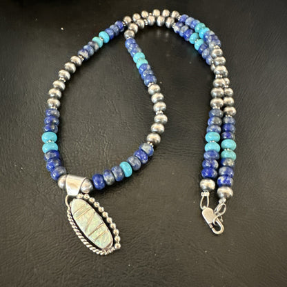 Blue Turquoise White Opal Pendant Lapis Navajo Sterling Silver Necklace 19471