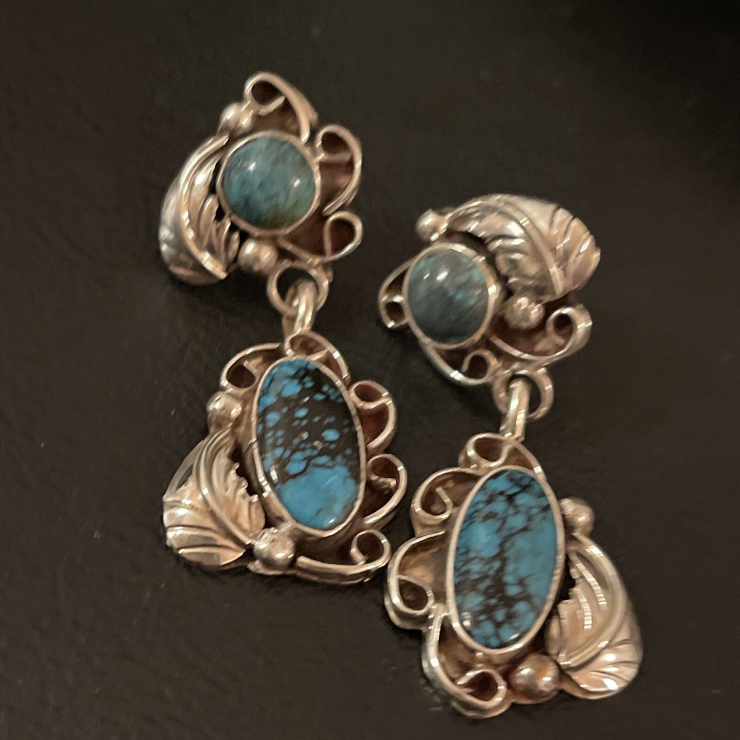 Spiderweb Turquoise Navajo Sterling Silver Post Dangle Earrings 02026