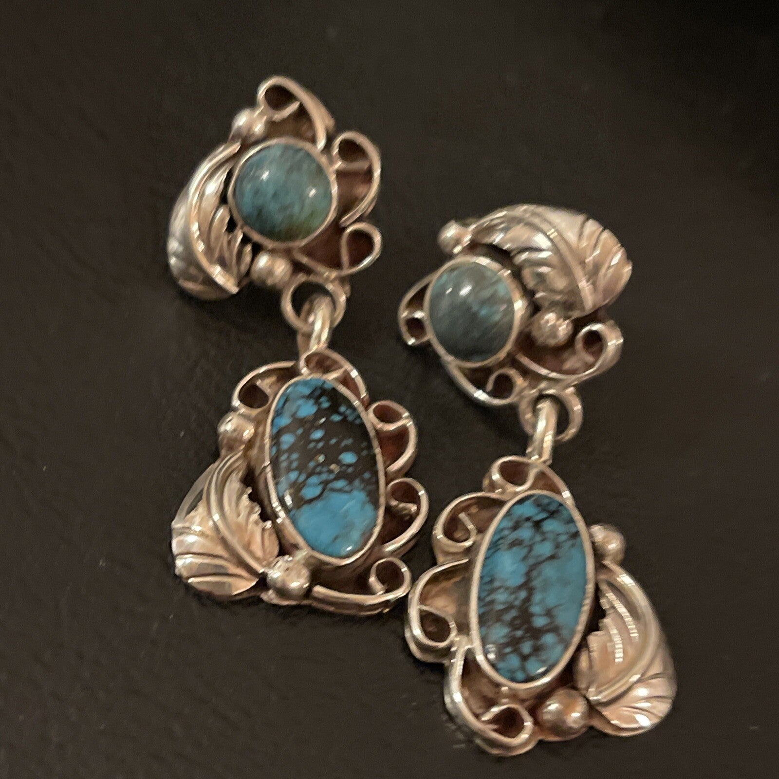 Spiderweb Turquoise Navajo Sterling Silver Post Dangle Earrings 02026