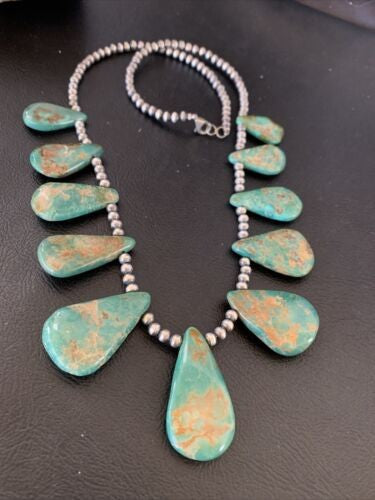 Navajo Pearls Royston Turquoise Teardrop Necklace Sterling Silver 12003