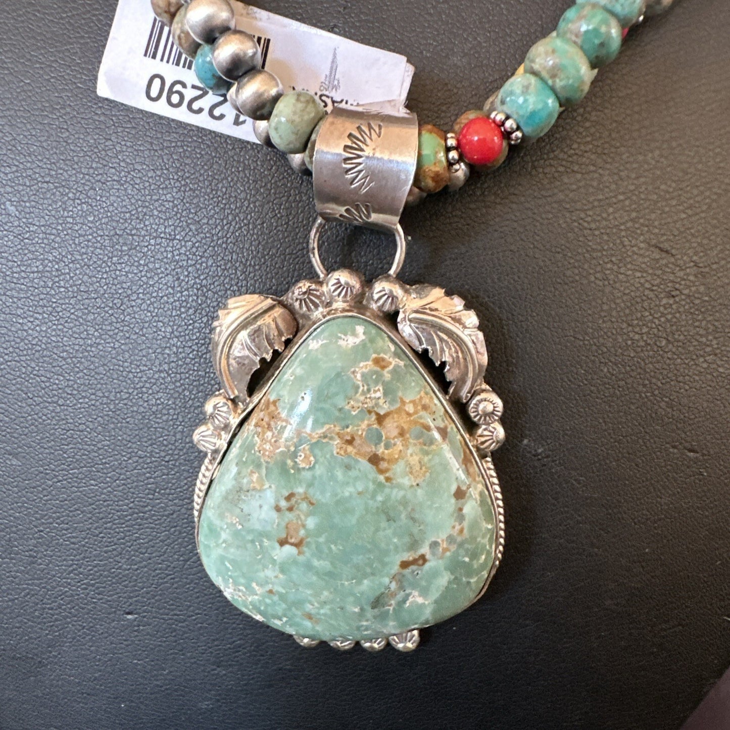 Womens Green Royston Turquoise Pendant Navajo Sterling Silver Necklace 12290