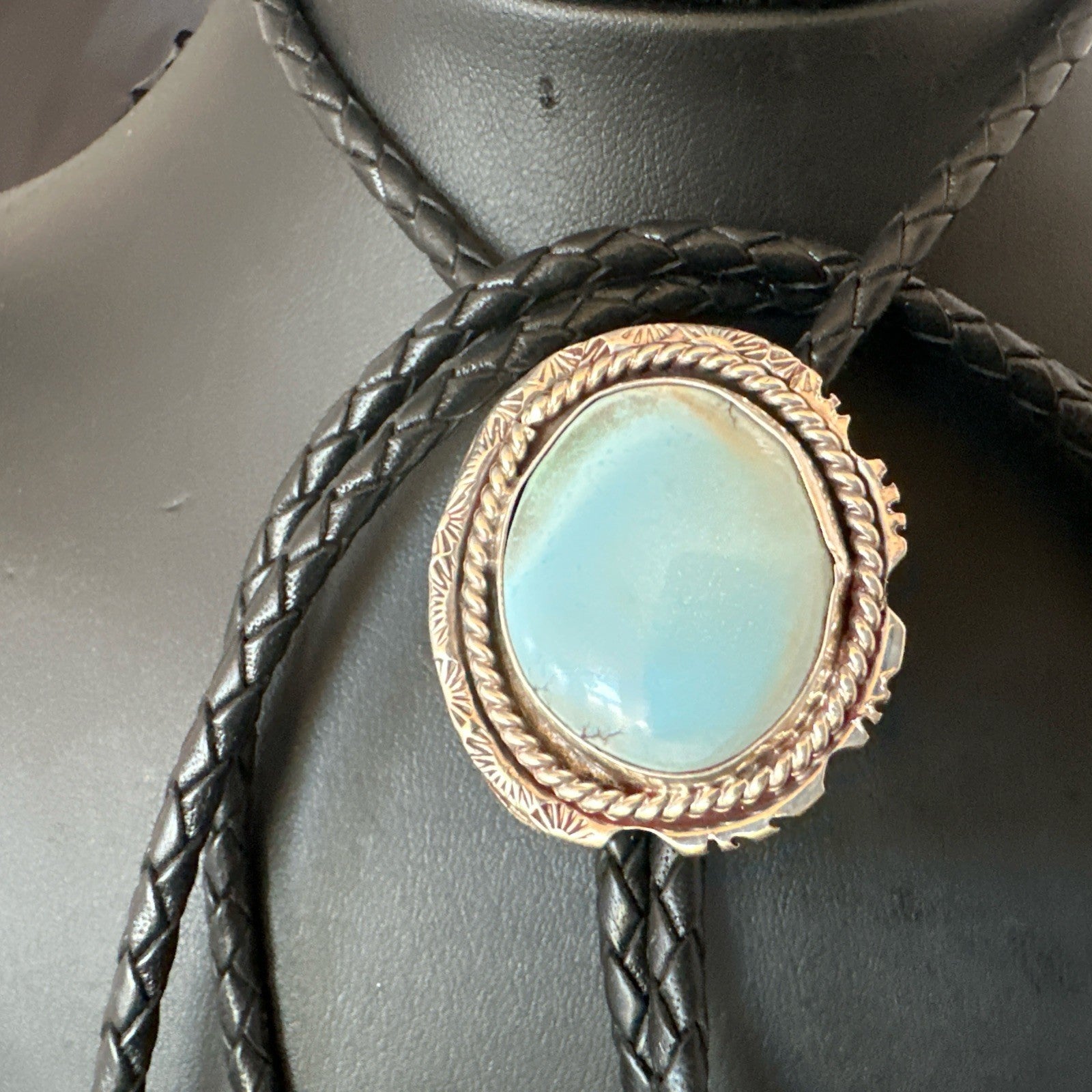 Mens Blue Dry Creek Turquoise Navajo Sterling Silver Bolo Tie 19054