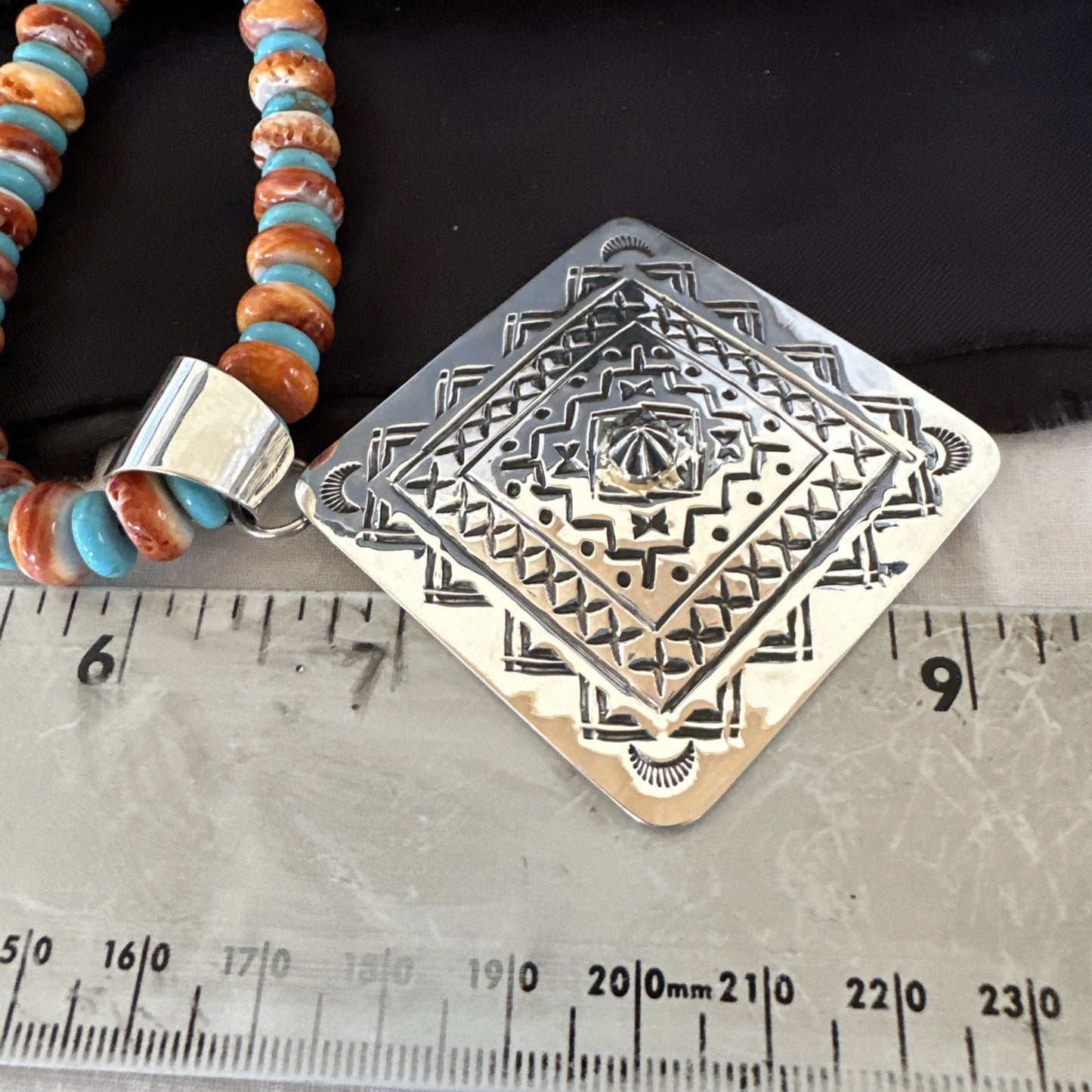 Orange Spiny Oyster Turquoise Navajo  Pendant Sterling Silver Necklace 21” 19043