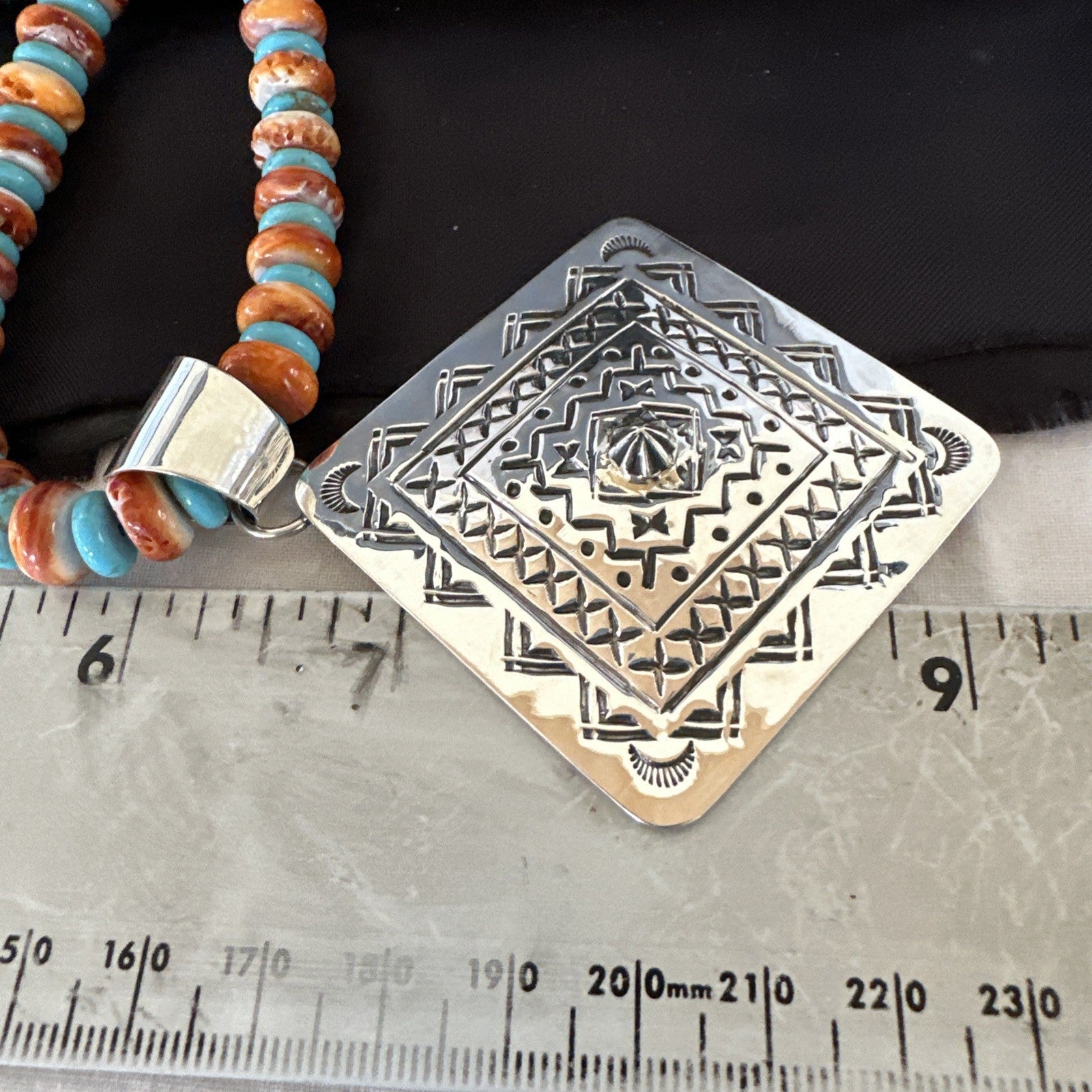 Orange Spiny Oyster Turquoise Navajo  Pendant Sterling Silver Necklace 21” 19043