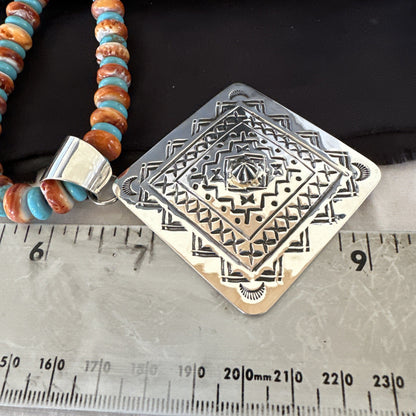 Orange Spiny Oyster Turquoise Navajo  Pendant Sterling Silver Necklace 21” 19043