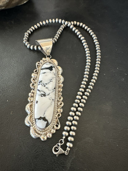 XXL White Buffalo Turquoise Pendant Navajo Sterling Silver Necklace 4" 19759