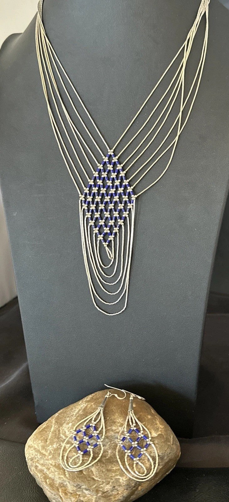 Lapis Heishi Tubes Pendant 7 Strand Sterling Silver Necklace Earrings 19753