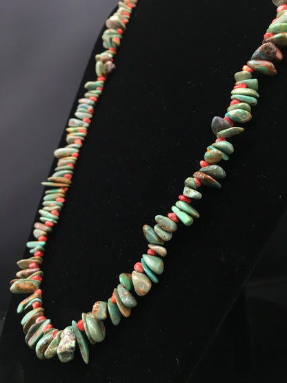Green Turquoise & Spiny Oyster Navajo Sterling Silver Necklace 34" 04738