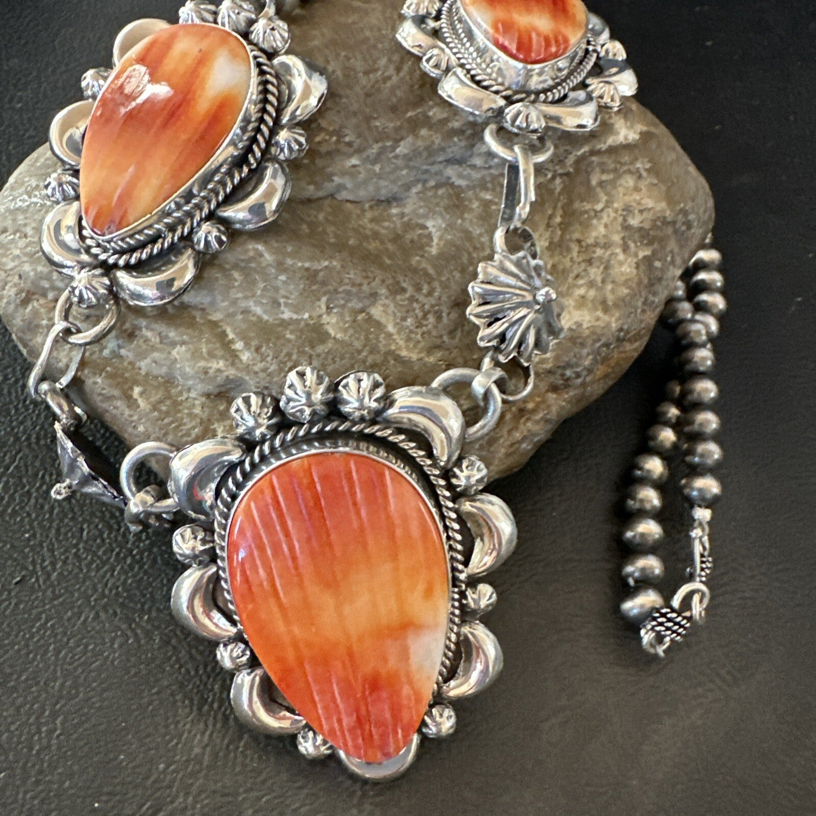 Orange Spiny Oyster Pendant Navajo Sterling Silver Lariat Necklace 21" 18627