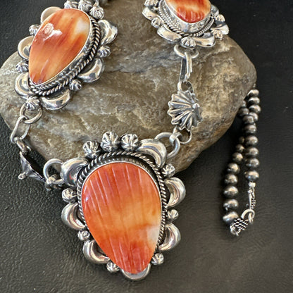 Orange Spiny Oyster Pendant Navajo Sterling Silver Lariat Necklace 21" 18627