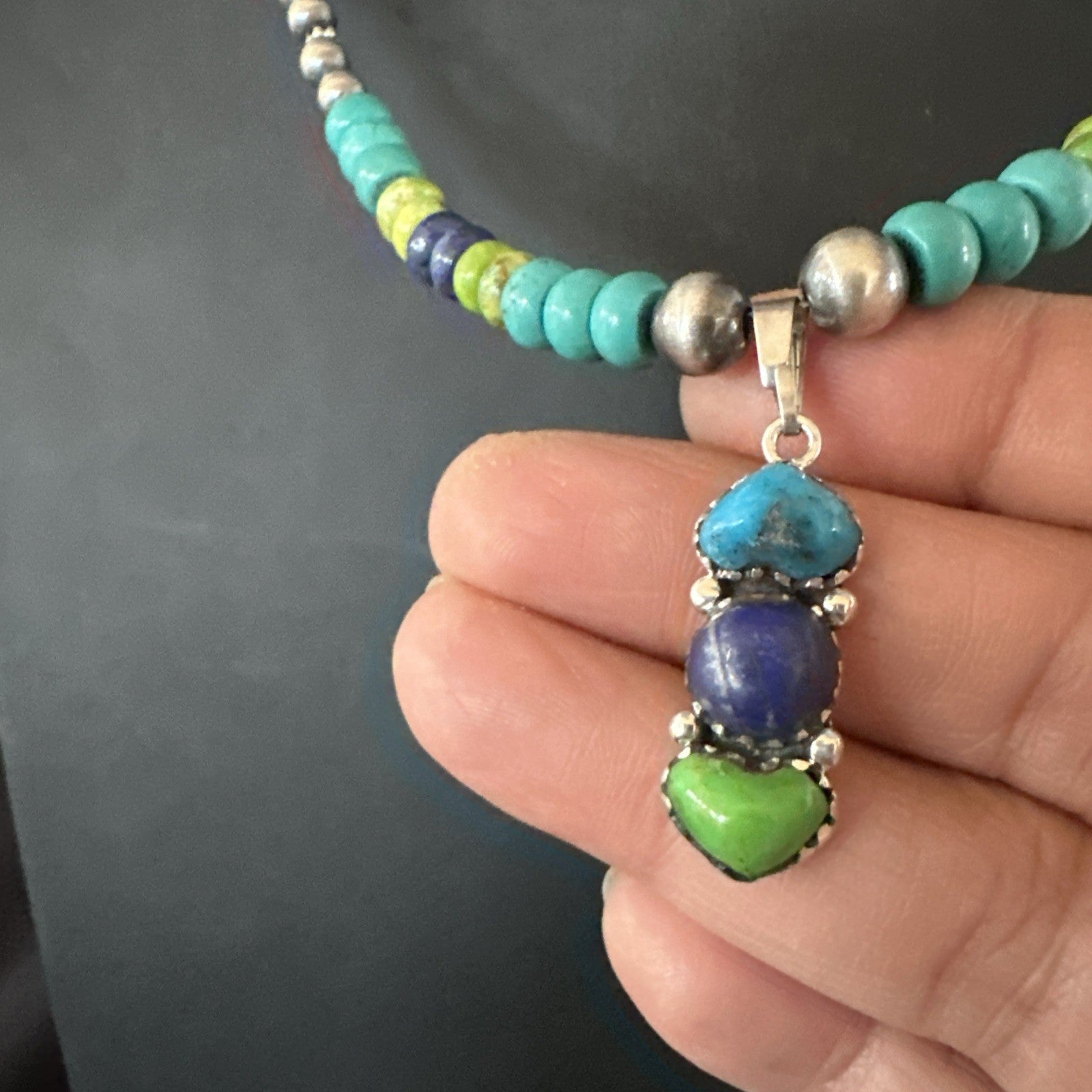 Blue Lapis Green Turquoise Cluster Pendant Navajo Sterling Silver Necklace 19659