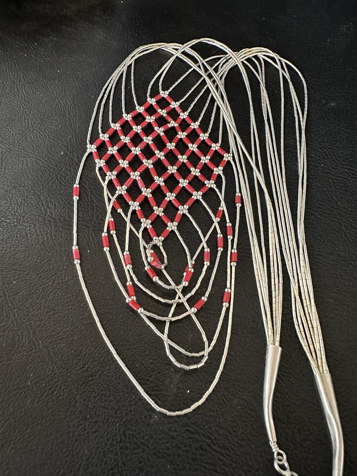 Red Coral Heishi Tubes Pendant 7 Strand Liquid Sterling Silver Necklace 19750