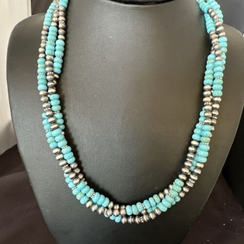 Navajo Pearls Blue Turquoise Necklace 3-Strand Sterling Silver 16305