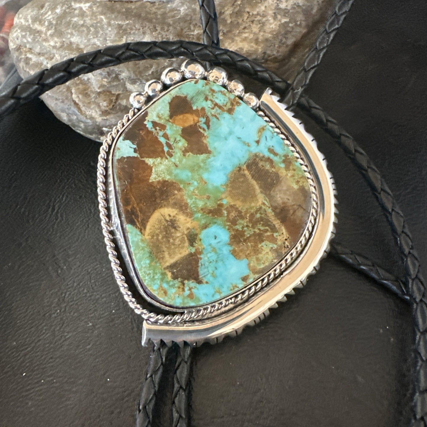 Native Mens Blue Green Royston Turquoise Bolo Tie Sterling Silver Navajo 19752