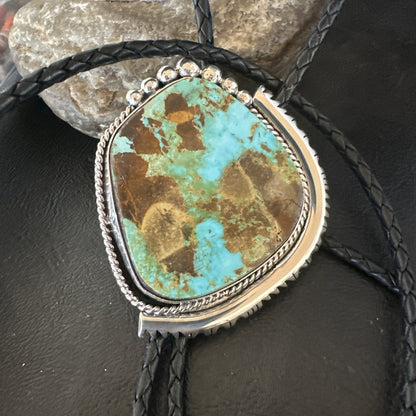 Native Mens Blue Green Royston Turquoise Bolo Tie Sterling Silver Navajo 19752