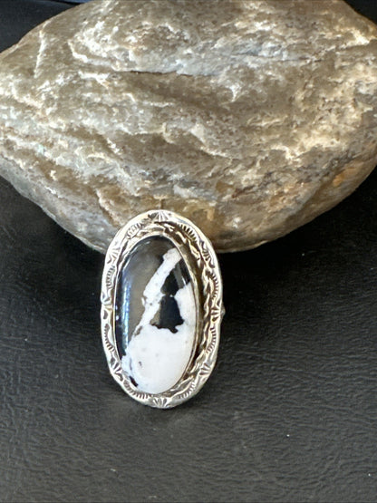 Black White Buffalo Turquoise Navajo Sterling Silver Ring Size 9 19808